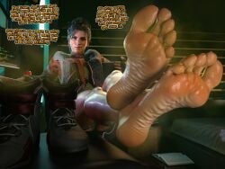 1girls black_hair brown_eyes cyberpunk_2077 dialogue english english_text exposed_feet eyeshadow feet feet_up female female_only femdom femdom_pov fetish foot_fetish foot_focus footwear laughing laughing_at laughing_at_viewer looking_at_viewer makeup panam_palmer pierced_lip piercing pov shiny shiny_feet shiny_skin smell smelly solo solo_female steam steaming_body steaming_feet stink_fumes stinky teasing text visible_stench