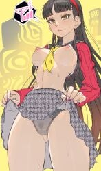 amagi_yukiko areolae black_hair blunt_bangs blush blush_lines breasts breasts_out brown_eyes cardigan censored hairband long_hair long_sleeves necktie nervous nipples no_bra painted_nails panties persona_4 pleated_skirt poechan presenting presenting_pussy pubic_hair school_uniform sheer_panties skirt_lift speech_bubble sweat sweatdrop sweating