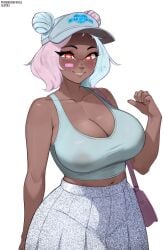 1girls areolae_visible_through_clothing baddie bag big_breasts breasts breedable cleavage cute dark_skin epic_games female fortnite fortnite:_battle_royale freckles hat hot huge_breasts latina latina_female leelah_(fortnite) lilatole looking_at_viewer miniskirt multicolored_hair navel nipples nipples_visible_through_clothing plaid_skirt pov pov_eye_contact purple_eyes sexy short_hair skirt smile standing text thin_waist tomboy visor_cap wholesome wide_hips