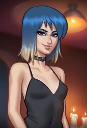 1girls 2d ai_generated blue_eyes blue_hair breasts civitai cleavage digital_drawing_(artwork) dress eve_(summertime_saga) female female_focus female_only light-skinned_female light_skin nipples nipples_visible_through_clothing small_breasts summertime_saga teenage_girl teenager toberbog two_tone_hair