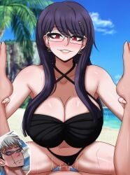 1boy 1girls amazon_position blush bravebengal dominant_female exposed_pussy hiruko_shizuhara large_breasts pussy sex submissive_male sweat takemaru_yakushiji the_hundred_line_-last_defense_academy-