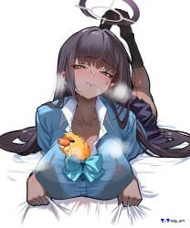 1girls absurd_res absurd_resolution absurdres big_breasts big_breasts blue_archive blush blush bowtie bra_visible_through_clothes breasts breasts color colored dark-skinned_female dark_hair dark_skin feet female female_only food food_between_breasts fully_clothed gripping_sheets hair_in_mouth high_res high_resolution highres karin_(blue_archive) looking_at_viewer nisp_art orange_eyes sausage shirt skirt socks