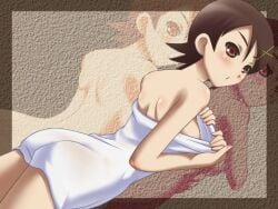 00s 1girls 2000s 2009 awa blush breasts brown_eyes brown_hair dark_brown_eyes dark_brown_hair female female_only fuura_kafuka hair hair_clip hair_ornament hairclip light-skinned_female light_skin pink_blush sayonara_zetsubou_sensei short_hair small_breasts solo towel zoom_layer