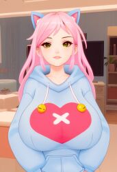 1girls 3d 3d_background 3d_render accurate_model ai ai2u ai_generated alternate_body_type big_breasts big_hips big_thighs blue_hoodie breasts breasts_bigger_than_head cat_ears cat_girl catgirl curvy eddie_(ai2u) female game_character heart_symbol hips hoodie huge_breasts human hyper_breasts light_skin long_hair long_hair_female long_sleeves looking_at_viewer neko neko_girl pink_hair pink_hair_female smiling solo thick_thighs voluptuous