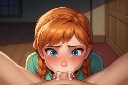 1boy ai_generated anna_(frozen) bangs blonde_hair blue_eyes blush braid clothed_female_nude_male crying cum cum_in_mouth cumdrip deepthroat disney disney_channel disney_princess dress ejaculation elsa_(frozen) eyebrows_visible_through_hair fellatio female frozen_(film) frozen_2 indoors irrumatio long_hair looking_at_viewer oral orange_hair overflow penis pov solo_focus straight tearing_up tears twin_braids uncensored veins window