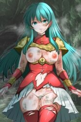 absurdres after_sex after_vaginal aqua_eyes aqua_hair armor breasts broken_armor bruise censored cum cum_in_pussy dirty doriane_doujin dress eirika_(fire_emblem) expressionless female fire_emblem fire_emblem:_the_sacred_stones highres injury large_breasts long_hair looking_at_viewer mosaic_censoring navel nipples no_panties pussy red_dress red_thighhighs skindentation solo stomach thick_thighs thighhighs thighs torn_clothes torn_dress wide_hips