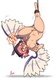 !? bar_censor bird_wings blush bound censored commentary_request doctor5648 female flat_chest highres mystia_lorelei navel nipples nude open_mouth pink_hair pussy short_hair signature simple_background solo thick_thighs thighs touhou uncensored white_background white_wings wings