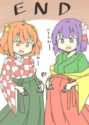 2girls :d ahoge blush checkered eyebrows_visible_through_hair female flower fujimaru_ritsuka_(female) green_hakama hair_flower hair_ornament hakama heart hieda_no_akyuu japanese_clothes kimono long_sleeves looking_at_another motoori_kosuzu multiple_girls open_mouth orange_eyes orange_hair purple_eyes purple_hair short_hair smile standing wide_sleeves