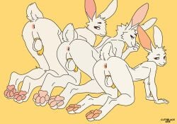 all_fours anal anthro anus ass backsack balls bedroom_eyes bent_over brother_(lore) brothers_(lore) chastity_cage chastity_cage_only chastity_device chastity_device_only cuteblack feet femboy genitals gold_(metal) gold_chastity_cage gold_chastity_device group group_nudity hi_res hindpaw kneeling lagomorph leporid looking_back male male/male mammal metal_chastity_cage mutual_chastity narrowed_eyes nude orgasm_denial pawpads paws penis penis_tuck presenting presenting_anus presenting_hindquarters rabbit raised_tail rear_view scut_tail seductive short_tail sibling_(lore) simple_background size_difference smile submissive submissive_male tail take_your_pick trio wearing_chastity_cage wearing_chastity_device