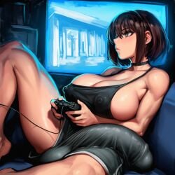 1futa ai_generated arm_muscles athletic_futa balls_bulge breasts casual couch covered_balls covered_nipples covered_penis feminine flaccid_penis futanari gaming gigantic_penis hi_res highres huge_balsl huge_breasts huge_cock huge_nipples intersex long_penis muscles novelai penis_bigger_than_head penis_bulge penis_longer_than_knee penis_on_hips penis_outline playing_videogame soft_muscle solo solo_futa strap_overhang tank_top thick_eyelashes thick_lips thick_outlines thick_thighs thigh_muscles youreyesonly