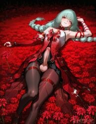 1futa ai_generated armpits big_penis dickgirl erection esendor flowers futanari heterochromia intersex long_hair looking_at_viewer lying on on_back penis phrolova_(wuthering_waves) solo stable_diffusion twin_braids wuthering_waves
