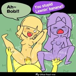 !! bibi_(dsand) black_bars blush blushing_female blushing_profusely bob_(dsand) breasts chin_length_hair dollar_bill ella_rich_(dsand) english_dialogue english_text female fingering fingering_partner fingering_pussy frowning_at_partner grass_background hands_behind_head headdress headdress_only insulting_partner jiggling_breasts long_hair long_hair_female male male/female/female meweeze my_ghost_friend neighbors no_nipples oerba_yun_fang one_eye_open plap_(sound) precum purple_skin purple_skinned_female pussy razor_blade_hair_ornament red_mouth schlick_(sound_effect) schlicking sharp_teeth small_breasts smiling smiling_at_partner speech_bubble speech_bubbles spread_legs squirming sweating sweating_female tendrils threesome tilde_after_text tsundere two_fingers_in_pussy wet_pussy white_eyes white_pupils yellow_skin yellow_skinned_female yellow_skinned_male ~