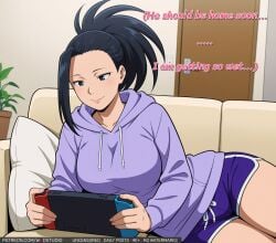 ai-generated ai_generated bangs bed bedroom black_eyes black_hair blush book breasts cellphone closed_mouth clothing couch dolphin_shorts door drawstring english_language english_text female female_only furniture hair_pulled_back holding hood hood_down hoodie indoors large_breasts long_hair long_sleeves lying my_hero_academia nintendo_switch on_bed on_couch on_side phone pillow plant playing_games ponytail potted_plant purple_hoodie short_shorts shorts sitting smartphone smile solo text thighs tied_hair window wodstudio yaoyorozu_momo