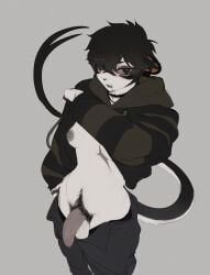 alternative_fashion anthro balls bottomwear bottomwear_down breasts clothed clothing clothing_lift emo flaccid futanari genitals ghostekey grey_background hoodie hoodie_lift humanoid_genitalia humanoid_penis intersex mammal mustelid musteline nipples pants pants_down partially_clothed penis pubes simple_background small_breasts solo standing stoat topwear trans_(lore) trans_man_(lore) true_musteline weasel white_body
