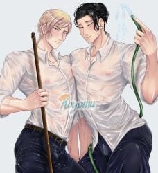 2boys belt belt_buckle black_hair blonde_hair broomstick bulge collared_shirt getou_suguru hose jeans jujutsu_kaisen kento_nanami koyomu male male_only mop muscular muscular_male nanami_kento nipple nipple_bulge nipples nipples_visible_through_clothing see-through see-through_clothing soaked suguru_geto tall wet wet_body wet_clothes wet_clothing wet_skin white_shirt