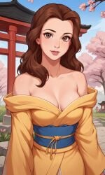 1girls ai_generated ass belle belle_(beauty_and_the_beast) bigmic145 breasts brown_hair cleavage disney disney_princess female kimono long_hair off_shoulder princess solo solo_female yukata