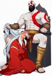 2boys ai_generated bara cum god_of_war inuyasha inuyasha_(character) kneeling kratos male male/male male_only muscular muscular_male penis sitting sitting_on_chair throne yaoi