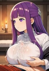 ai_generated big_breasts breasts clothed_sex cum cum_on_breasts cum_on_clothes dm4requests expressionless female fern_(sousou_no_frieren) novelai paizuri paizuri_lead_by_female paizuri_on_lap paizuri_under_clothes partially_unbuttoned sousou_no_frieren wet_clothes