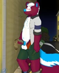 absurd_res alcohol animal_genitalia animal_penis anthro balls beverage blush bodily_fluids body_hair boots bottomwear canine_genitalia canine_penis clothed clothing cock_sock cum_stains digital_media_(artwork) drunk erection footwear fur genital_fluids genitals hair hi_res knot legwear male mammal mephitid messy night olidre olidre_(olidre) outside peeing penile penis penis_clothing plant public public_nudity sex shoes skunk smelly smile sock_fetish socks solo substance_intoxication tail topwear underwear urine urine_stream urine_through_clothing watersports