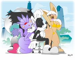 anthro bat blaze_the_cat cat clothes day feline female fur furry interspecies jiky kneeling multiple_females nude outdoors rouge_the_bat side_view sitting sonic_(series) standing tagme