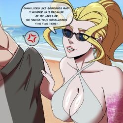 1boy 1girls 2d angry beach blonde_hair bratty burn_scar danganronpa erection fanganronpa female hard_on lip_bite magorobi_emma making_fun_of makunouchi_hajime male sdra2 shorter_male straight sunglasses super_danganronpa_another_2 swimsuit teasing text text_bubble z4gre0