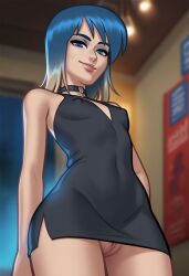 1girls 2d ai_generated blue_eyes blue_hair breasts civitai cleavage digital_drawing_(artwork) dress eve_(summertime_saga) female female_focus female_only light-skinned_female light_skin nipples nipples_visible_through_clothing no_panties no_panties_under_dress no_underwear pussy pussy_lips shaved_crotch shaved_pussy small_breasts summertime_saga teenage_girl teenager toberbog two_tone_hair