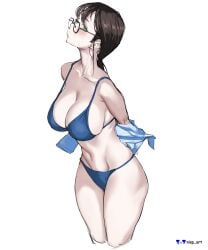 1girls absurd_res absurd_resolution absurdres big_breasts bikini bikini_bottom bikini_top blue_bikini blush breasts brown_hair color colored dark_brown_hair dark_hair female female_only glasses green_eyes hands_behind_back high_res high_resolution highres looking_at_viewer nisp_art original pouting slight_blush swimsuit