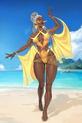 1girls arms_up artist_request beach dark-skinned_female dark_skin dreadlocks eyes_closed female hair_in_bun hairbun hourglass_figure long_nails marvel marvel_comics muscular muscular_female outdoors outside solo solo_female soulderik storm_(x-men) sunglasses swimsuit swimwear thick_lips thick_thighs thighhighs toned toned_body toned_female toned_stomach white_hair x-men