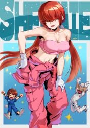 1girls 2boys arched_back bare_arms bare_shoulders bent_over bra breasts chibi chris_(king_of_fighters) cleavage english_text eyes_covered female female_focus front_view gloves hair_over_eyes hand_on_hip hi_res high_resolution highres king_of_fighters king_of_fighters_xv kof light-skinned_female light_skin lips lipstick long_hair makeup male medium_breasts pale-skinned_female pale_skin perky_breasts pink_bra pink_lips pink_lipstick pinup pose posing red_hair seductive seductive_look seductive_mouth shermie_(kof) skimpy skimpy_clothes snk standing text the_king_of_fighters tubetop very_high_resolution white_gloves yashiro_nanakase yukinoshinf