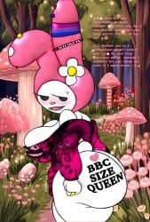1girls 4_fingers anthro ass bare_shoulders big_ass big_breasts bisexual bisexual_female bisexual_pride_colors blush breasts bubble_butt bullying cleavage cuckold ear_piercing earrings eyelashes female female_only femdom flower flower_on_head furry gluteal_fold half-closed_eyes headwear jacket jewelry lagomorph mammal mertens_opp_(artist) my_melody offscreen_character onegai_my_melody pride_colors rabbit_girl ring ring_(jewelry) shortstack size_queen sweatdrop text thick_thighs white_body white_fur writing_on_ass writing_on_body writing_on_butt