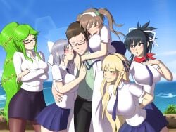 1boy 1boy5girls 5girls asuka_(senran_kagura) black_hair blonde_female blonde_hair blue_eyes brown_hair brunette_hair clear_sky cliff corodere crossed_arms crossover doctor doctor_outfit female glasses green_eyes green_hair hair_ornament hair_ribbon happy happy_female katsuragi_(senran_kagura) kid_icarus leggings male minori_(senran_kagura) multiple_girls oc ocean ocean_background palutena pencil_skirt ponytail schoolgirl schoolgirl_uniform senran_kagura silver_hair skirt smug_expression smug_face sunlight_rays surprised_expression twintails yumi_(senran_kagura)