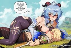 1boy 1boy1girl 1girl1boy 1girls absurd_res absurdres aether_(genshin_impact) ai_generated big_breasts big_breasts blonde_hair blonde_male blue_eyes blue_hair bodysuit boobs_out breasts breasts_out breasts_sucking closed_eye closed_eyes female female_focus ferise ganyu_(genshin_impact) genshin_impact high_resolution highres horn horns horny horny_female huge_breasts kissing large_boobs large_breasts long_hair love lying lying_down lying_on_floor lying_on_ground male male/female nipple_play nipple_suck nipple_sucking nipples outside outside_sex saliva saliva_drip saliva_string saliva_trail sexy sexy_body sexy_pose short_hair sky sound_effects sucking sucking_breasts sucking_nipples