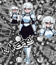 1girls angry armor black_eyes brat bratty english_text female mirage_(monam) monmaamn pantyhose reference_sheet solo tagme text white_hair wide_hips