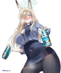 1girls absurd_res absurd_resolution absurdres animal_ears beer beer_can belly_button belly_button_visible_through_clothing big_breasts blonde_hair blonde_hair_female blue_archive blue_eyes blush breasts cleavage color colored embarrassed embarrassed_female female female_only fully_clothed high_res high_resolution highres kanna_(blue_archive) miniskirt nisp_art original sharp_teeth skirt teeth teeth_showing tie tights