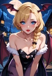 1boy ai_generated blonde_hair blue_eyes cosplay darkstalkers femboy head_wings lipstick male male_only morrigan_aensland_(cosplay) original_character sissydavid trap wings