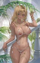 areola_slip arm_at_side ass_visible_through_thighs belly_chain bikini blonde_hair blue_nails blurry blush bracelet breasts cleavage collarbone cowboy_shot cross cross_necklace dark-skinned_female dark_nipples dark_skin day depth_of_field ear_piercing earrings eyelashes female fingernails green_eyes groin gyaru hair_between_eyes hair_intakes hand_up highres indoors jewelry lace_bikini large_breasts latin_cross leaf long_fingernails long_hair looking_at_viewer micro_bikini mole mole_under_eye multiple_necklaces nail_art nail_polish navel necklace nipples open_mouth original partially_visible_vulva piercing plant railing revealing_clothes ring sage_joh shiny_skin side-tie_bikini_bottom sidelocks smile solo stairs stomach string_bikini sweat swimsuit tassel thigh_gap thighs twitter_username vegetation white_bikini