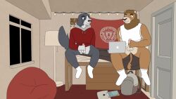 andre_(wannabeyourdog2) anthro apple_inc. average_penis backpack bean_bag bed bedroom border_collie bottomless brown_body brown_fur canid canine canis clothed clothing college collie computer countershading detailed_background domestic_dog door dorm_room duo electronics erection felid footwear fur furniture genitals herding_dog hi_res humanoid_genitalia humanoid_penis inside lamp laptop lion looking_at_computer looking_at_laptop looking_at_object male male/male mammal mutual_masturbation night on_bed pantherine pastoral_dog paws penis sanghoon_(wannabeyourdog2) school sheepdog shirt sitting smile socks sweatshirt tank_top topwear wannabeyourdog2