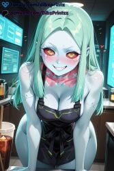 1girls ai ai_assisted ai_generated alternate_breast_size anime apron artificial_eye artist_name bare_shoulders blue_skin blush breasts cleavage collarbone colored_sclera colored_skin cup cyberpunk:_edgerunners cyborg dibzprintz english_text fansly forehead green_eyes green_hair grin heart hi_res high_quality high_resolution highres ice ice_cube indoors large_breasts leaning_forward long_hair looking_at_viewer mechanical_eye medium_breasts naked_apron neck_tattoo parted_bangs patreon_username rebecca_(edgerunners) red_eyes red_pupils red_sclera smile solo tattoo teeth thighs watermark web_address white_skin wide_hips