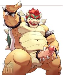 1boy 2017 anthro armlet balls bara biceps bowser bracelet catsudon claws cock_ring erection eyebrows green_skin hair hand_on_penis holding_penis horn humanoid_penis jewelry koopa licking licking_lips looking_at_viewer male male_only mario_(series) multicolored_skin musclegut nintendo nude open_mouth orange_eyes penis pink_penis pink_tongue pose precum red_hair reptile retracted_foreskin scalie shell simple_background smile snout solo spiked_armlet spiked_bracelet spiked_shell spikes spread_legs spreading standing tan_balls tan_skin testicles thick_thighs tongue tongue_out turtle uncut vein veiny_muscles veiny_penis video_games white_background white_claws white_horn yellow_skin yellow_tail