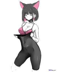 1girls absurd_res absurd_resolution belly_button belly_button_visible_through_clothing bra breasts cat_ears choker ear_piercing emotionless expressionless female female_only high_res high_resolution looking_at_viewer monochrome nisp_art original partially_colored piercing skinny skinny_girl tights