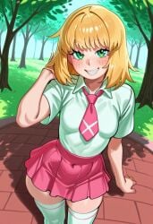 1girls ai_generated blonde_hair curvy gravure gravure_soraka miniskirt outside pink_skirt shirt skirt small_breasts smile solo stockings white_shirt