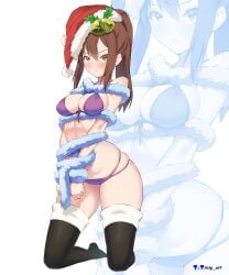 1girls absurd_res absurd_resolution absurdres bikini blush boobs breasts brown_hair christmas christmas_hat color colored female female_only high_res high_resolution highres looking_at_viewer nisp_art on_knees original stockings swimsuit tied tied_hands yellow_eyes