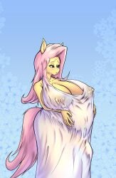 bakukurara big_breasts blue_eyes breasts bulge cleavage clothed clothing detailed_bulge dress equid equine eyebrows eyelashes fluttershy_(mlp) friendship_is_magic ftg_crossgender fti_crossgender genital_outline gynomorph hair hasbro herm_(lore) hi_res intersex mammal my_little_pony nipples penis_outline pink_hair pregnant pregnant_gynomorph pregnant_intersex pupils rule_63 simple_background solo standing three-quarter_view white_clothing yellow_body