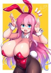 ahoge animal_ears armpits blue_eyes blush breasts brown_pantyhose c.r. cleavage collar elf eyebrows_hidden_by_hair fake_animal_ears fake_tail female hair_between_eyes highres large_breasts leotard long_hair looking_at_viewer oerba_yun_fang open_mouth original pantyhose pink_hair playboy_bunny pointy_ears rabbit_ears rabbit_pose rabbit_tail red_leotard signature skin_fang smile solo tail very_long_hair white_collar white_wrist_cuffs wrist_cuffs