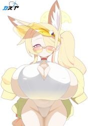 1girls alternate_breast_size blonde_hair blue_archive breasts cleavage cleavage_cutout female female_only fox_ears gigantic_breasts halo huge_breasts kazuya_zoey light-skinned_female light_skin looking_over_eyewear looking_over_sunglasses massive_breasts pink_eyes seia_(blue_archive) seia_(swimsuit)_(blue_archive) shortstack side_ponytail sideboob solo sunglasses swimsuit tied_hair tinted_eyewear