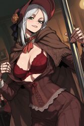 1female 1girls 2025 ai_assisted ai_generated background bloodborne bonnet bra collar doll doll_joints female female_focus female_only fromsoftware green_eyes light-skinned_female light_skin looking_at_viewer plain_doll pole pole_dancing pose posing posing_for_the_viewer red_bra shirt_open sitting smile smiling smiling_at_viewer undressing undressing_self video_game video_game_character video_game_franchise video_games white_hair white_shirt