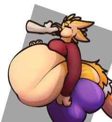 2023 4_ears avali avian belly_expansion bloated burger chubby disembodied_hand fat feeding food force_feeding giant huge huge_belly male male_(lore) obese overweight purple_pants red_shirt sashimi_(avali) solo stuffed troplilly weight_gain yellow_feathers