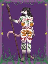 absurd_res american_opossum anthro big_breasts black_hair bodypaint breasts claws fangs female finger_claws hair hi_res larger_female long_hair mammal marsupial melee_weapon polearm pubes size_difference solo soulanima spear tail teeth toe_claws venny_nykopp virginia_opossum weapon whiskers