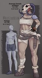 1boy 1girls abdomen anon anonymous_male bandages bandages_around_breasts belly_button belt belt_buckle boots breasts clothed clothes female height_difference horns looking_at_another looking_down looking_up male monster monster_girl redstarnsfw shorts simple_background skull skull_head standing tagme tagme_(character) thick_thighs underboob underwear yellow_eyes