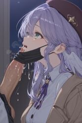 1boy 1girls ai-created ai_generated big_penis blowjob breath cum cum_in_mouth female green_eyes honkai:_star_rail honkai_(series) looking_at_partner male mask masked masked_female mihoyo penis penis_out robin_(honkai:_star_rail) veiny_penis